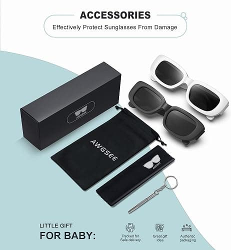 AWGSEE Retro Rectangle Kids Sunglasses 90’s Vintage Fashion Narrow Square Frame Glasses Shades for Girls Boys UV Protection - 2pack Black+white thumbnail 5