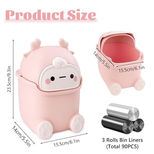 QLFJ-FurDec Tischabfalleimer Klein, Niedlich Mini Desktop-Mülleimer mit 3 Rollen Müllsäcke, Cartoon Tischmülleimer mit Deckel 15.5 * 14 * 23.5cm, Tischabfalleimer für Den Waschtisch (Rosa) thumbnail 3