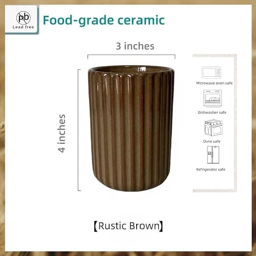 TOPYOKK Stoneware Coffee Bar Utensil Holder Tea & Coffee Spoon & Stirrer Holder for Stir Stick Straw Teaspoon Holder Spoon Cup Small Utensil Jar Fluted Vertical Stripe (Rustic Brown) thumbnail 3