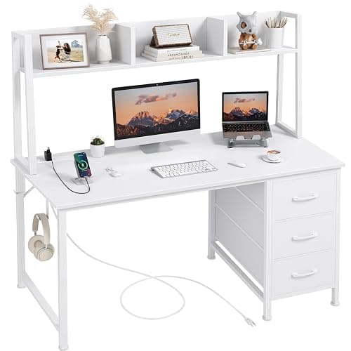 White Computer Desk with Hutch & Drawers - Office Desk with 3 Storage Drawers and Power Outlets, 47 Inch Modern Study Writing Desk for Bedroom Home Office - White - 47.2" - Image 1