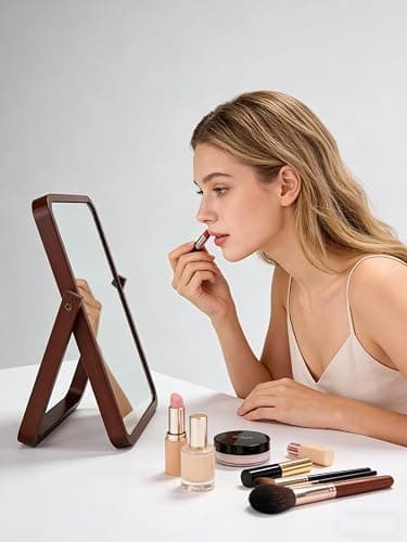 Honeystore Solid Wood Makeup Mirror, 360° Rotating Desktop Vanity Mirror, 9" x 7.1" HD Silver Mirror, Natural Wood Frame, Portable Tabletop & Wall Hanging Cosmetic Mirror (Dark Brown) thumbnail 3