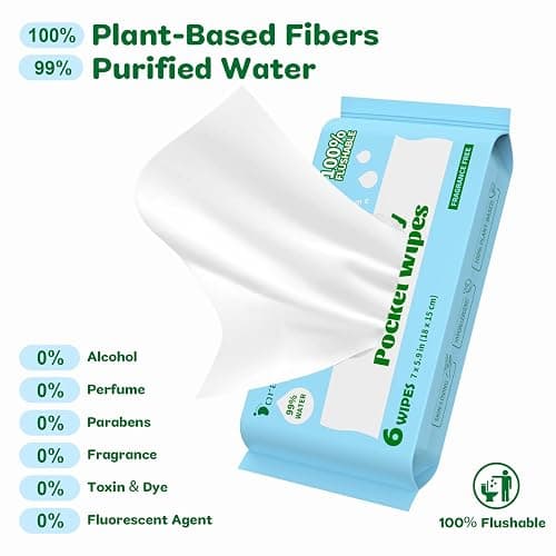 Dorahoney Flushable Wipes Travel Size, 99% Water Mini Wet Wipes for Sensitive Skin, Hypoallergenic & Unscented On The Go Pocket Wipes, 48 Count (8 Packs of 6) thumbnail 2