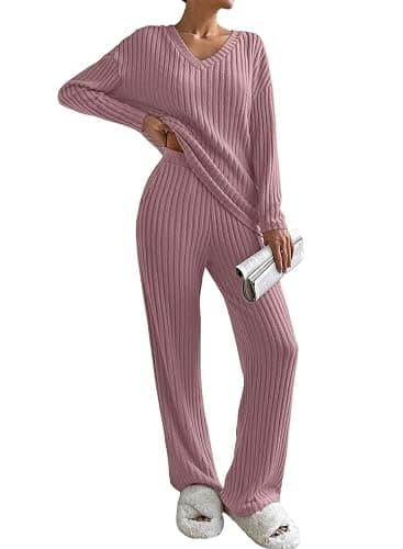 SHEWIN Women's Pajama Sets Long Sleeve Short Sleeve 2 Piece Lounge Sets Ribbed Knit Sweater Sleepwear - Image 1