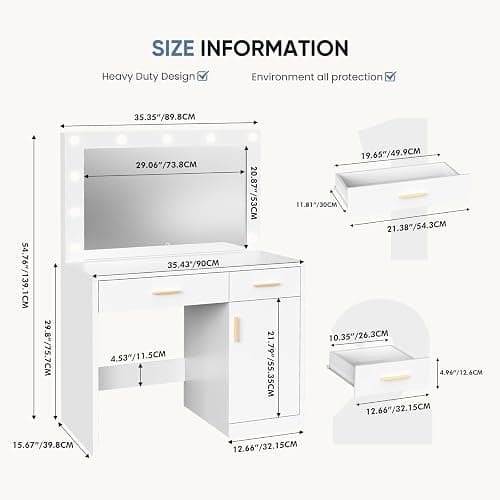 DUMOS Vanity Desk with Mirror and 11 LED Lights, Makeup Vanity Table with Charging Station (2AC/USB/C), Dressing Table with 2 Drawers & Large Cabinet, 3 Lighting Color Adjustable, White thumbnail 2