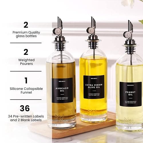 Molimoli Oil and Vinegar Dispenser with Metal Pour Spout, Weighted Pourer, Glass Bottle Dispenser for Kitchen, Olive Oil Cruet, Glass Olive Oil Bottle | 500ml, Set of 2 - 500ml, Set of 2 - Black thumbnail 5
