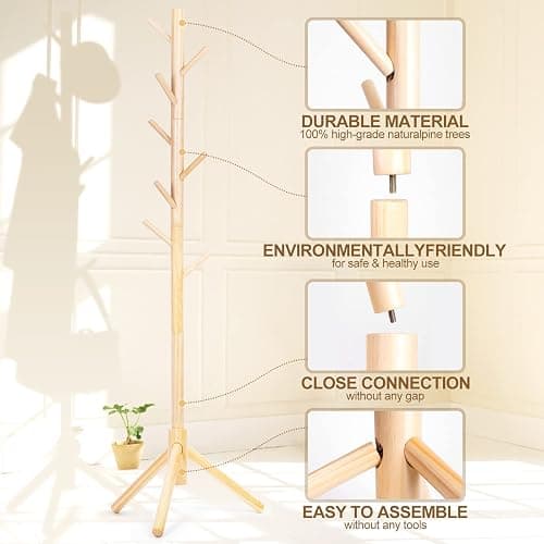 Freyawin Solid Wooden Coat Rack Freestanding, New Zealand Pine Coat Tree with 8 Hooks & 3 Adjustable Sizes for Coats, Hats, Handbags and Scarves, Space Saving for Entryway/Office/Bedroom (Nature) thumbnail 3