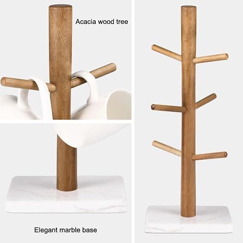 Buruis Wood Mug Holder, Marble Base Cup Rack Tree, Cup Stand Hanger, Kitchen Coffee Mug Tree Countertop Tea Cups Holder Stand, Coffee Mugs Dryer with 6 Hooks, White thumbnail 4
