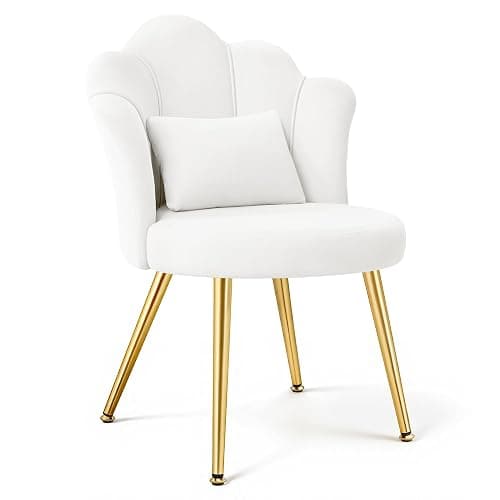 BestGlory Petal Makeup Vanity Chair with Back, Flower Chair Comfy No Wheels for Girls Women, Makeup Chair with Golden Metal Legs & Lumbar Pillow for Living Room/Makeup Room/Bedroom/Home Office - White - Image 1