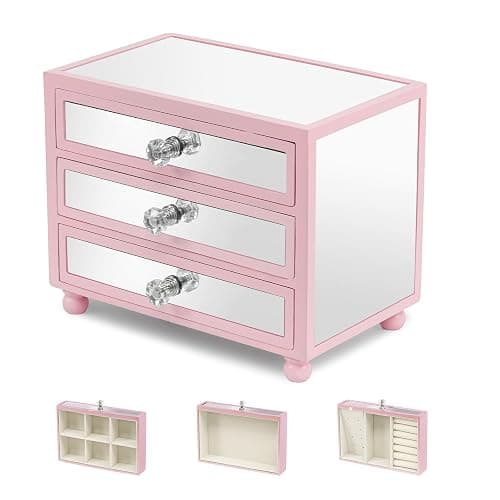 Gifturbo Pink Jewelry Box for Women Girl Wife 3 Layers Large Mirror Glass Jewelry Organizer Storage Case with Three Drawers Display for Earrings Bracelets Rings Watches - Image 1
