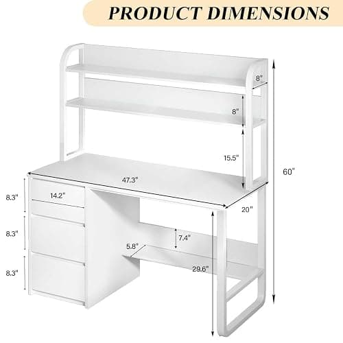 MaverickFurni White Desk with Hutch, 60 Inch Computer Desk with 3 Drawers for Bedroom, Study Writing Desk with Shelves for Small Places, Adjustable Feet thumbnail 2