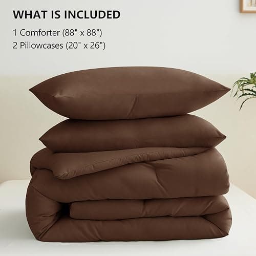 CozyLux Queen Comforter Set Brown, 3 Pieces Solid Breathable Quilted Style Bedding Sets, Luxury Fluffy Soft Bed Set with Down Alternative Comforter for All Season (1 Comforter & 2 Pillowcases) thumbnail 7