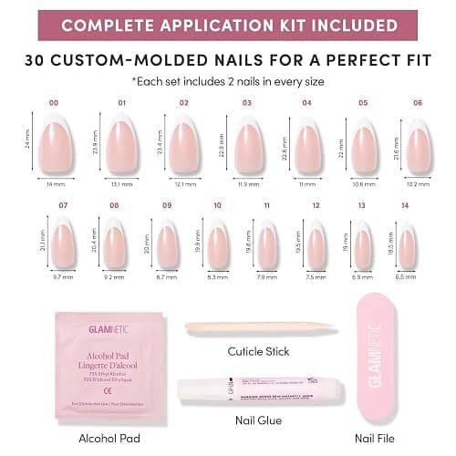 Glamnetic Press On Nails - Medium Almond, Glossy Fake Nails 30 Pc Full Kit | Everyday Pearl press on nails in 15 sizes. French tip glue-on set. Waterproof, chip-resistant, up to 2 weeks wear thumbnail 7