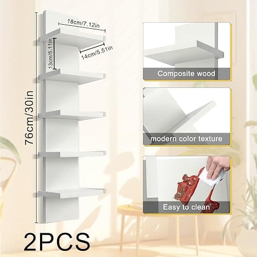2 Pack 5 Tier Wall Shelf Unit - Narrow Smooth Laminate Finish - Vertical Column Wall Decor Mount Floating Storage Home Decor Organizer Tall Tower Utility Shelf for Bedrooms, Living Rooms(White) thumbnail 3