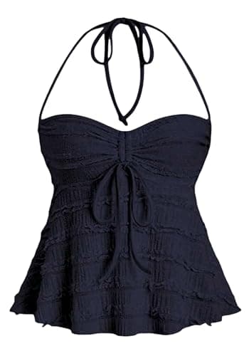 ASKHOPE Women's Ruched Halter Tops Peplum Cami Tops Y2K Drawstring Tie Crop Top for Summer Going Out Dressy Casual - Image 1