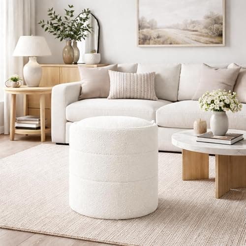 HomePop Storage Round Ottoman with Removable Lid |Homepop Home Décor|Upholstered Round Foot Rest Ottoman - Cream Boucle thumbnail 2