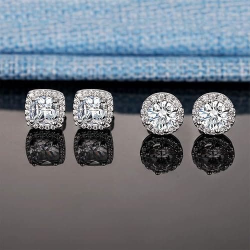 18K White Gold Plated Round Square Cubic Zirconia Simulated Diamond Halo Stud Earrings (2 Pairs) thumbnail 2