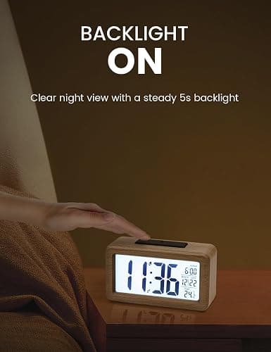 aboveClock Digital Alarm Clock, Wooden Bedside Clock with Large LCD Backlit Display, Temperature, Snooze Function, Brightness Sensor, 3 AAA Battery Operated【Battery NOT Included】 thumbnail 3