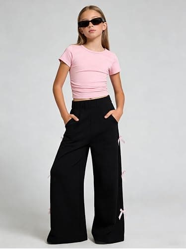 Kxuryueo Tween Girls Clothes Short Sleeve Tops and Bowknot Wide Leg Sweatpants Casual Trendy Outfit for Teen Size 7-14 thumbnail 2