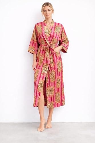 INDACORIFY Printed Kimono Robe, Lounge Wear Striped Cotton Kimono Bathrobe & Beach Cover Up Printed Long Beach Wear thumbnail 5