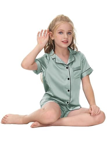 Veseacky Unisex Satin Pajamas Set Boys Girls Silk Pjs Short Sleeve 2 Piece Sleepwear Button-Down Kids Nightwear(4-13T) thumbnail 3