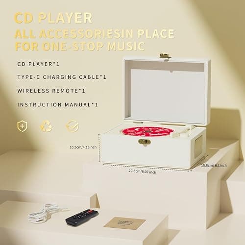 Yintiny Rechargeable Leather CD Player with Speakers; Bluetooth Transmitter; Festival Gift; BGM Player for Home Décor thumbnail 4