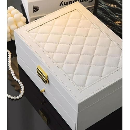 GUOER Jewelry Box for Women Girl Wife - Large PU Leather Jewelry Organizer Storage Case with Two Layers Display for Earrings Bracelets Rings Watches (White) thumbnail 7