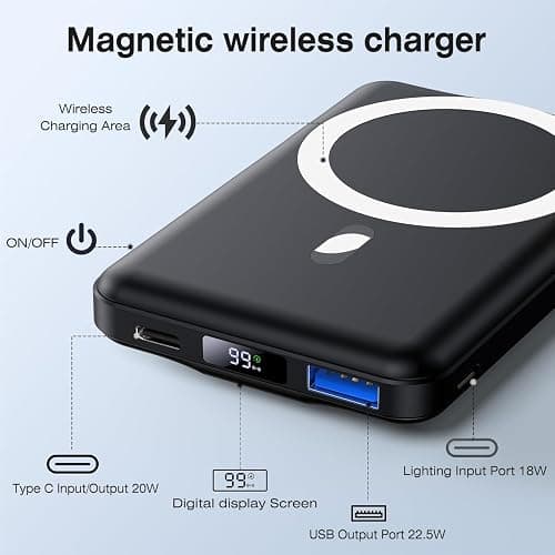 AOGUERBE for Mag-Safe Wireless Portable Charger, 10000mAh Magnetic Power Bank 22.5W Fast Charging,Mini Battery Pack with LED Display&Foldable Stand for iPhone 17/16/15/14/13/12 Series (Obsidian Black) thumbnail 2