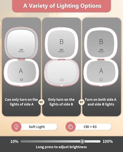 WOBSION Rechargeable Lighted Travel Makeup Mirror,1x/10x Compact Magnifying Mirror with Lights,Portable for Bag,4inch,Gift,Rose Gold thumbnail 3