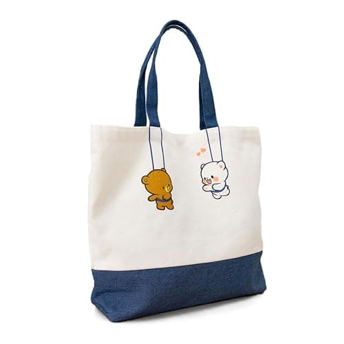 Milkmochabear Hanging Out Canvas Tote Bag Authentic Merchandise With Denim Straps Zipper Pocket Magnetic Closure For Men Women Unisex Cute Adorable Casual Daily Use Shopping Travel Fun thumbnail 3