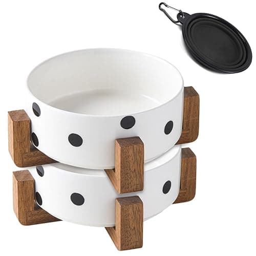 Petygooing Ceramic Dog Bowl Set with Stand, Small Pet Bowls, Anti-Slip Cat & Dog Food and Water Bowl Set (13.5OZ/5.1 in) Black Dot - Image 1