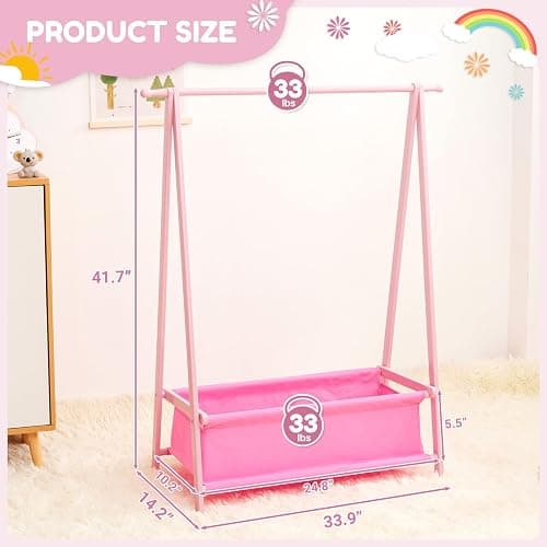 Cozivolife Kids Clothing Rack with Storage Box, Dress up Holder, Child Garment Hanger with Hanging Rods, Small and Foldable, Bamboo (Pink) thumbnail 2
