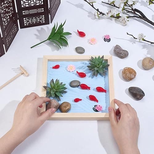 WEBEEDY Japanese Zen Garden Kit for Desk, Lotus Fish Pond Mini Sandbox Zen Sand Garden Desktop Meditation Accessories Gift for for Adult Home Room Office Decor,5.9 Inch/15 cm Round Tray thumbnail 2