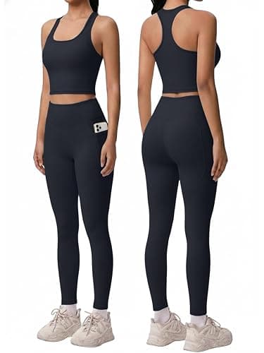 2 Piece Workout Sets for Women Racerback Tank High Waisted Pocket Leggings No Front Seam Tummy Control Butt Lifting - Image 1