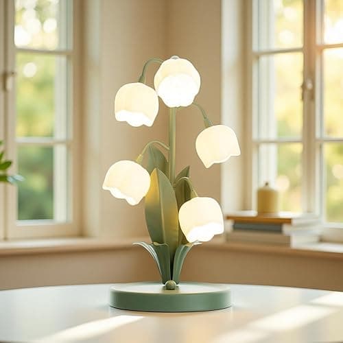 Green Flower Table Lamp, Vintage Lily of The Valley Bedside Desk Lamp 3 Color Modes Cute Flower Reading Light with G4 Bulbs for Night Stand Bedroom Living Room Home Office Decor, Gifts for Women thumbnail 7