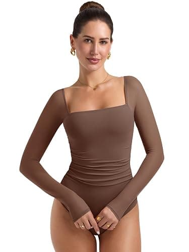 PINKMSTYLE Womens Square Neck Mesh Long Sleeve Bodysuit - size small thumbnail 5