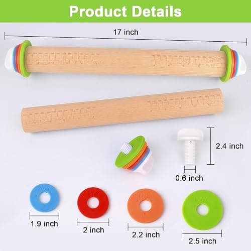 Wood Rolling Pin with Thickness Rings, Adjustable Wooden Rolling Pins for Baking, Dough Roller Pins for Cookie Pastry Tools Cake Baker, Fondant Roller for Decorating Bakery Supplies Kitchen Gadgets thumbnail 2