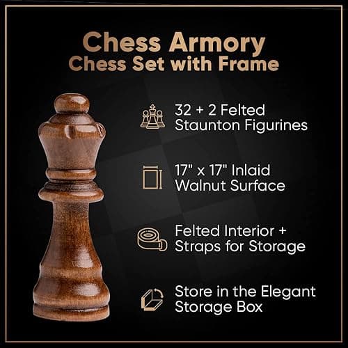 Chess Armory Wooden Chess Set – 17-Inch Large Chess Board with Felted Storage Box, Extra Queens & Handcrafted Staunton Pieces thumbnail 4