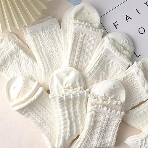 Tyadorw 5 Pair White Cute Ankle Socks for Women Coquette Cable Knit Long Cotton Lace Ruffle Frilly Cottagecore FLoral Socks thumbnail 4