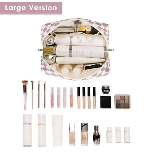 Narwey Checkered Makeup Bag Pink Travel Cosmetic Bag Organizer Toiletry Bag Make Up Bags with Compartments for Women Girls (Large, Dusty Rose Checkerboard) thumbnail 2
