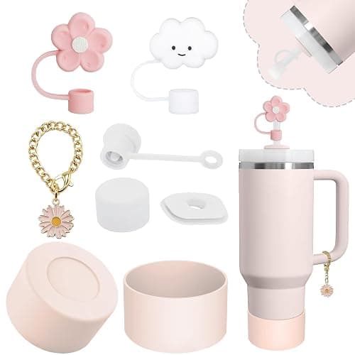 Stanley Cup Accessories Set,Including 2 Pcs 0.4in Straw Cover, 1 Silicone Spill-Proof Stopper Set of 3, 1 Cute Butterfly Handle Charm, 1 Silicone Boot Fits Stanley 40&30 Oz Tumbler (Rose Quartz) - Image 1