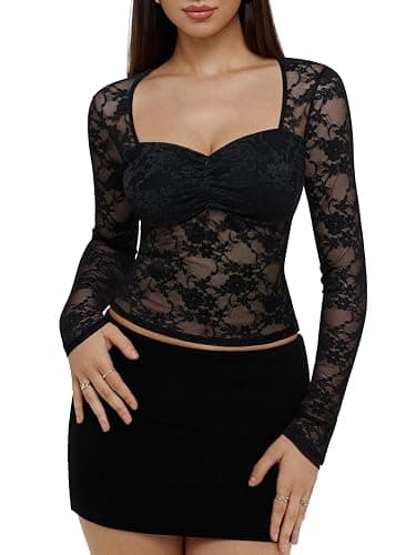 REORIA Womens Sexy Sheer Mesh Tops Floral Lace Long Sleeve Shirts Low Cut Slim Fitted Outfits See Through Going Out Blouses thumbnail 2