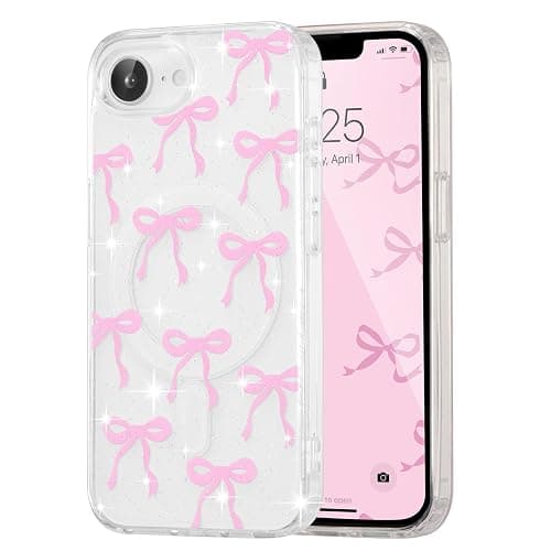 UEEBAI Magnetic for iPhone 17e/iPhone 16e, Glitter Bow Case Compatible with MagSafe, Wireless Slim Sparkly Clear Aesthetic Phone Cover Anti-Yellowing Protective Cover for Women Girl - Glitter Pink - Image 1