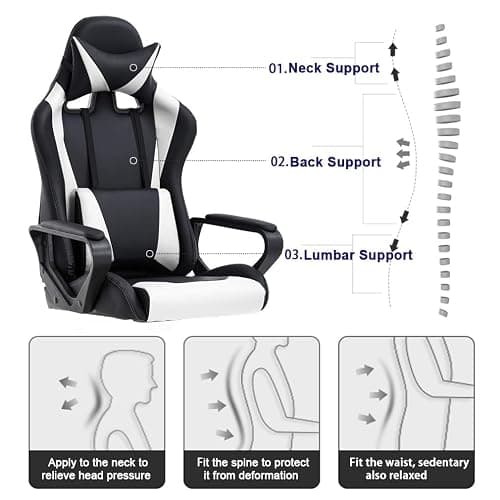 BestOffice High-Back Gaming Chair PC Office Chair Computer Racing Chair PU Desk Task Chair Ergonomic Executive Swivel Rolling Chair with Lumbar Support for Back Pain Women, Men,White thumbnail 4