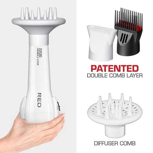 Red by KISS HandleLess Blow Dryer 2200W Ceramic Tourmaline White Color, 3 Heat Settings, Pik and Diffuser Included Comfortable Grip, Ionic for Frizz-Free Shine, Detangler & Straightening thumbnail 4