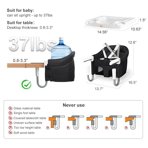 MTWML Hook On High Chair with Tray,Portable Baby High Chair That Attaches to Table,Clip On Fast Table Seat for Babies and Toddlers.Baby Feeding Seat for Dining Tables and Counter(Pure-Black) thumbnail 3