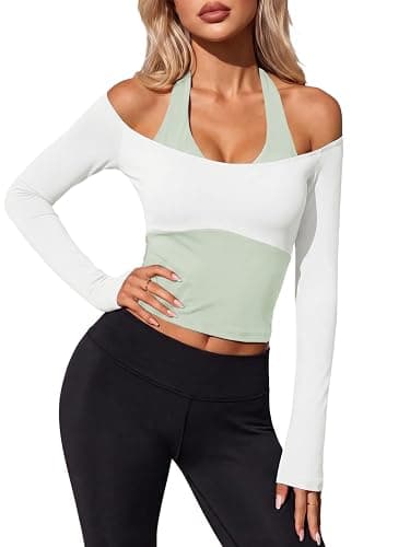 Aoysky Womens Off Shoulder Halter Crop Tops Long Sleeve Shirts Built in Bra | Wide U neckline, contrast color block halter neck, cropped tops, removable pads, workout yoga shirts, faux layered - Image 1