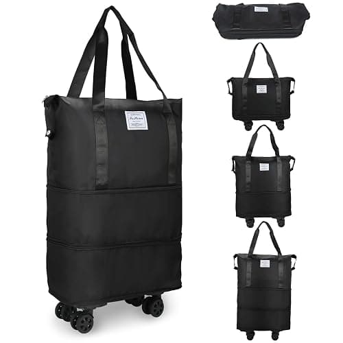 VOOWO Rolling Duffle Bag with Wheels, Expandable Foldable Duffle Bag for Travel, Rolling Under Seat Luggage Carry on Duffel Bags, Wheeled Travel Duffel Weekend Bags, Capacity 18L to 40L (Black) - Image 1