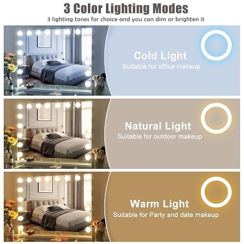 Hansong Vanity Mirror with Lights and Bluetooth Speaker 32"x 22.8" Hollywood Makeup Mirror with 18 LED Bulbs, Large Lighted Mirror with 3 Color Modes, USB Charging, 10x Magnification, Tempered Glass thumbnail 5