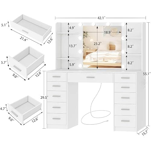 TEENFON Makeup Vanity with 11 Drawers, Vanity Desk with Mirror and Lights, 6 Shelves, 5 Jewel Hooks, Vanity Table with Power Strip for Bedroom, Livinng Room, White thumbnail 2