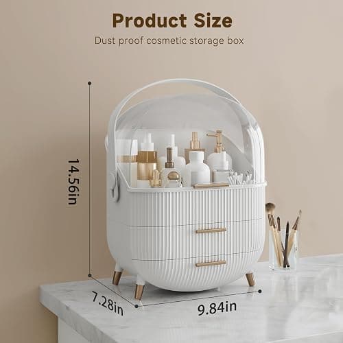 BTGGG Makeup Organizers, Make Up Organizer for Vanity, Countertop Cosmetic Storage with Drawers and Transparent Cover for Bedroom Bathroom, White thumbnail 2